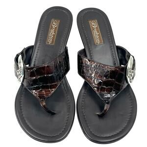 BRIGHTON LARK WEDGE SANDALS BROWN SILVER PATENT CROCODILE THONGS SLIP ONS SIZE 8
